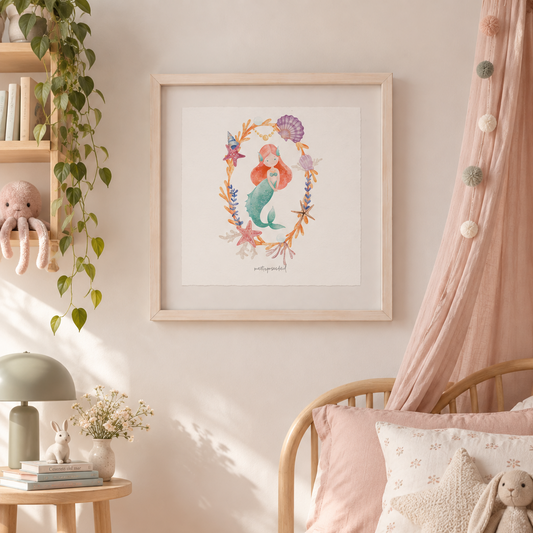 Cuadro con ilustraciones de sirenas y castillos