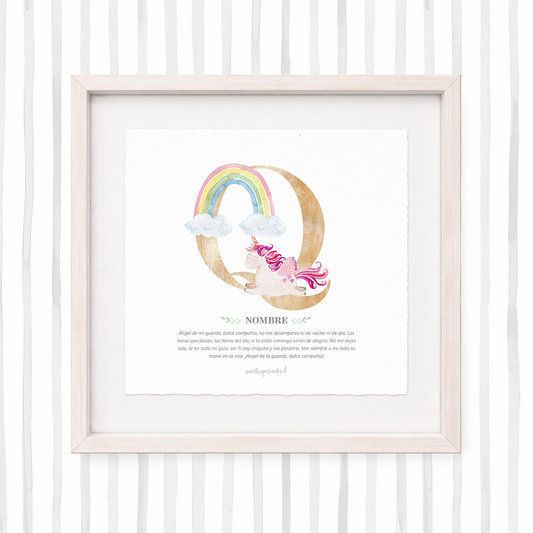 Cuadro con inicial de nombre: Ilustración de unicornios