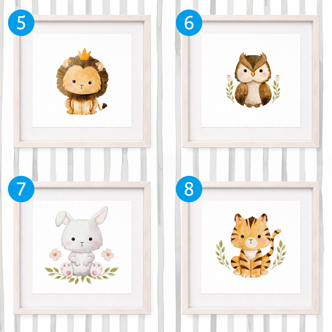 Cuadro con inicial de nombre: Ilustración animalitos bebés