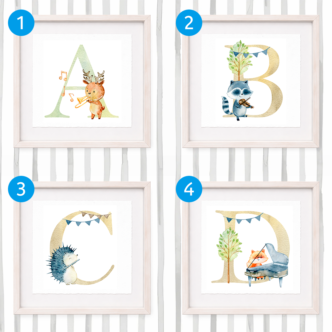 Cuadro con inicial de nombre: Ilustración de animalitosmusicales