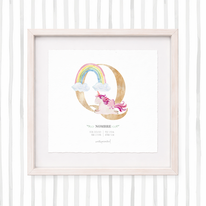 Cuadro con inicial de nombre: Ilustración de unicornios