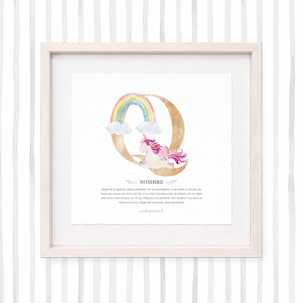 Cuadro con inicial de nombre: Ilustración de unicornios