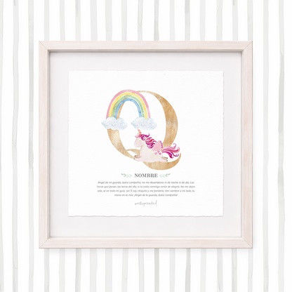 Cuadro con inicial de nombre: Ilustración de unicornios