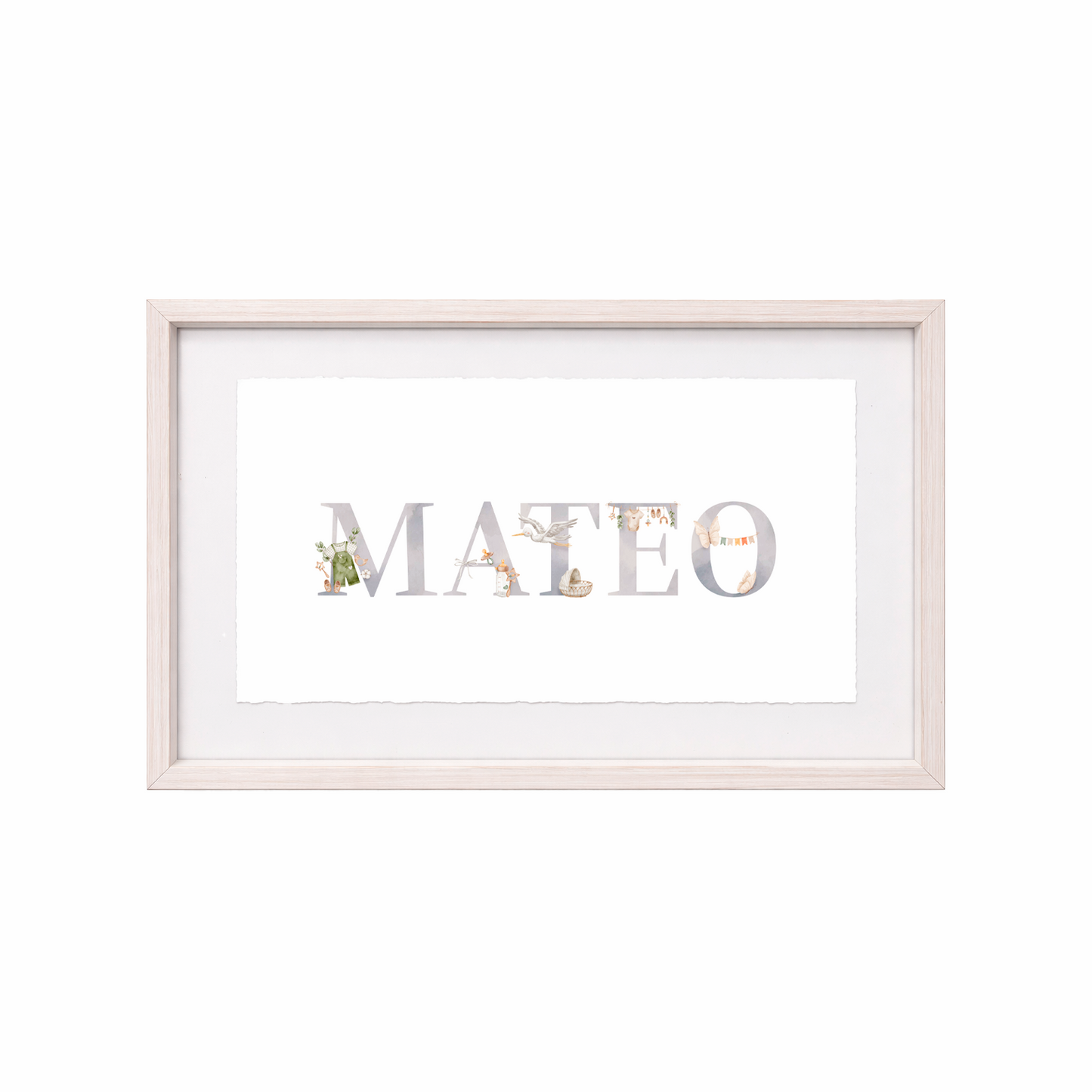 Cuadro con nombres decorados con motivos de bebés y sonajas