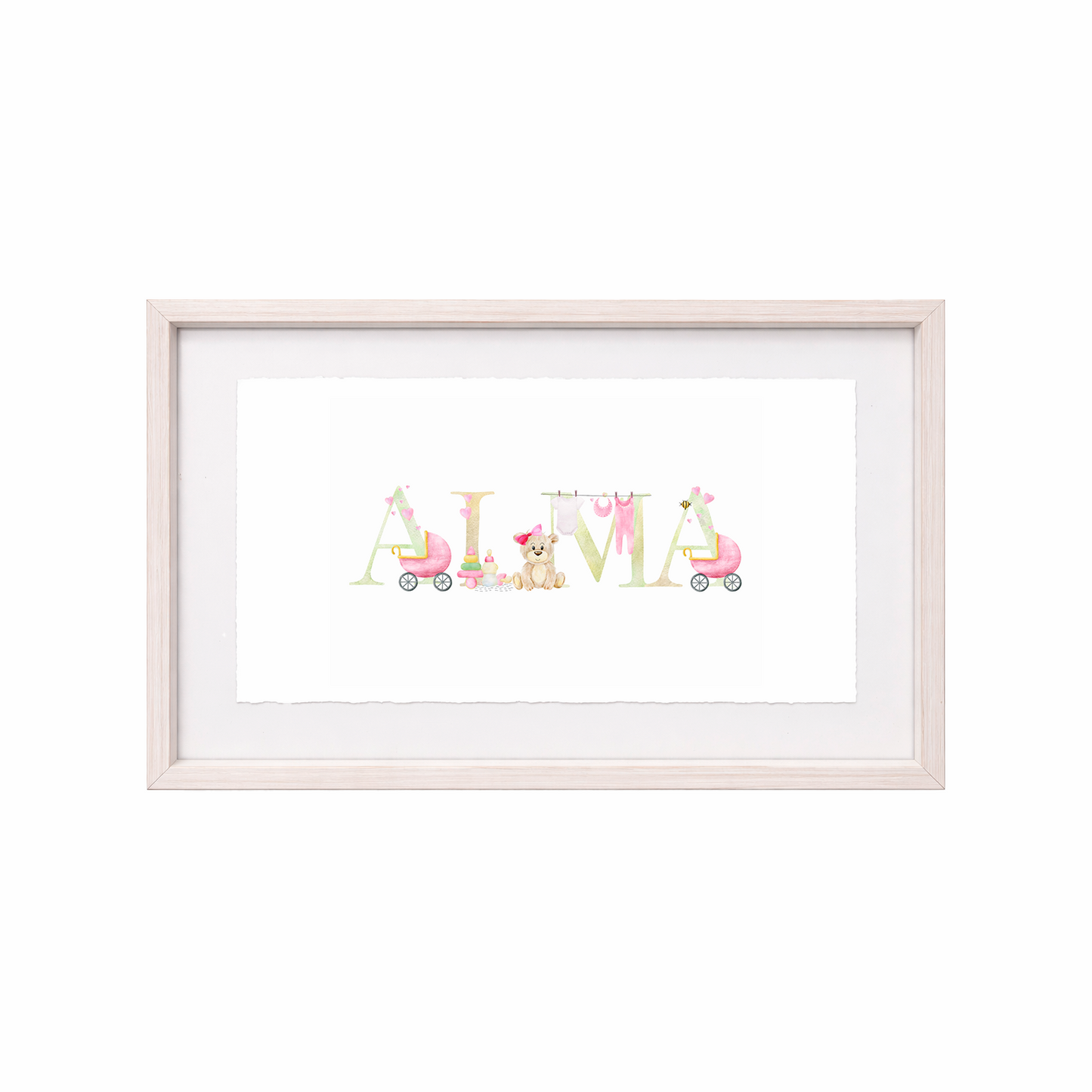 Cuadro con nombres decorados con motivos de bebé (niña)