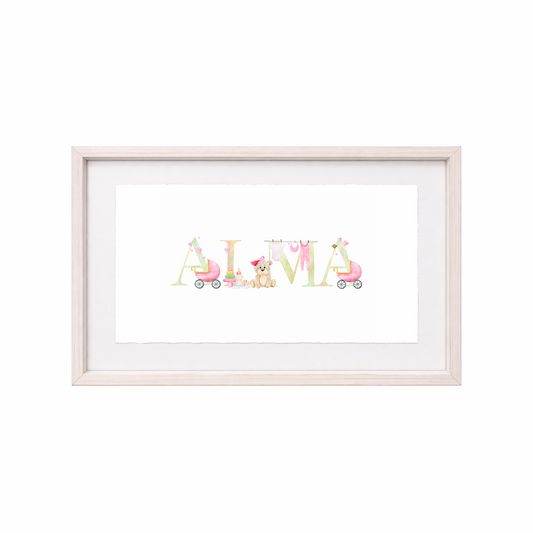 Cuadro con nombres decorados con motivos de bebé (niña)