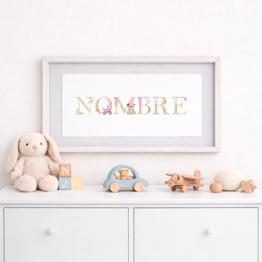 Cuadro con nombres decorados con motivos de bebé (niña)