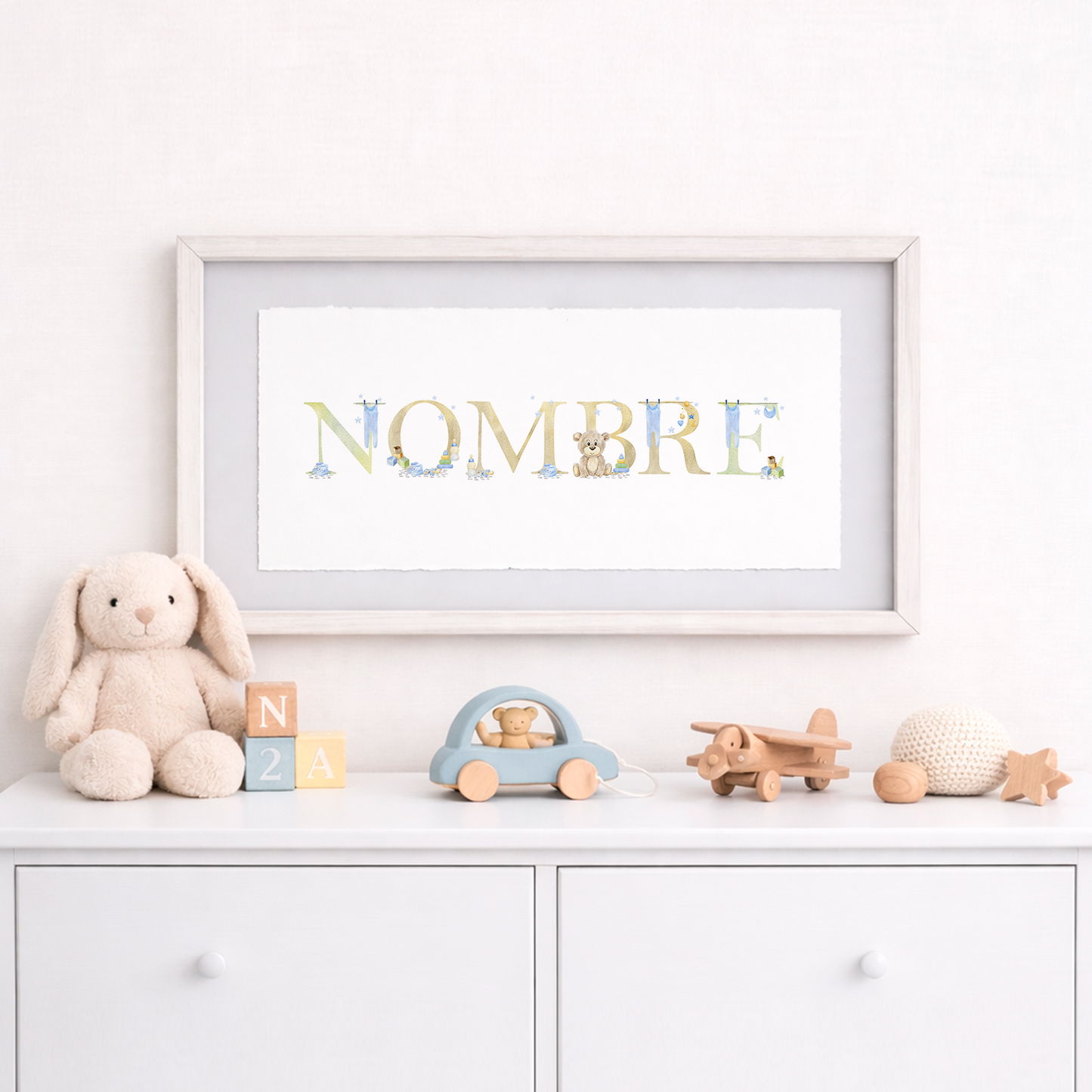 Cuadro con nombres decorados con motivos de bebé (niño)