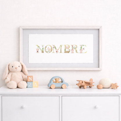 Cuadro con nombres decorados con motivos de chanchitos