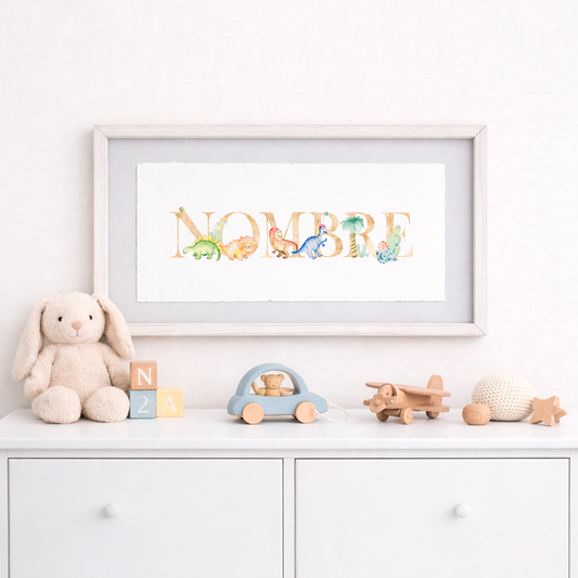 Cuadro con nombres decorados con motivos de dinosaurios