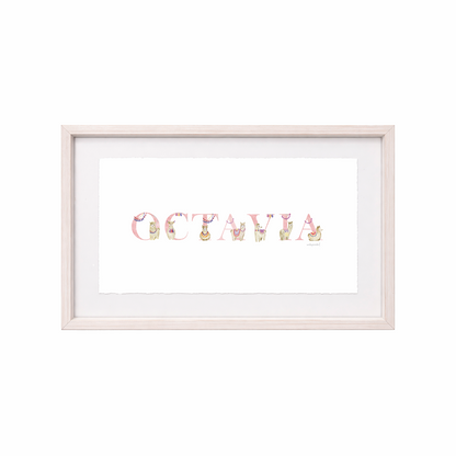 Cuadro con nombres decorados con motivos de llamas