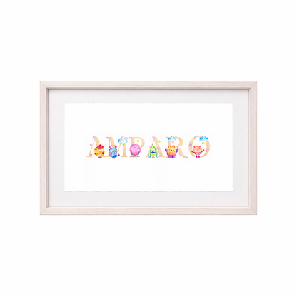 Cuadro con nombres decorados con motivos de monstruos