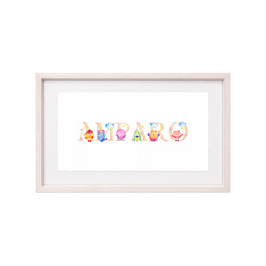Cuadro con nombres decorados con motivos de monstruos