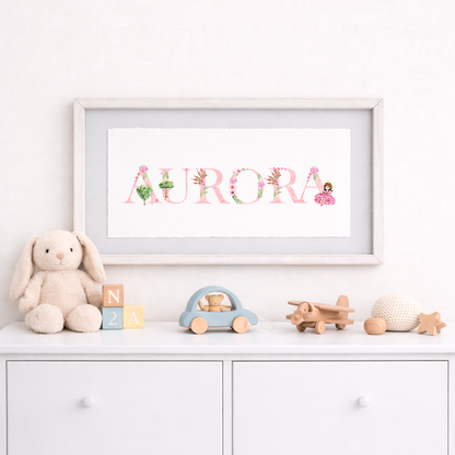 Cuadro con nombres decorados con motivos de princesas