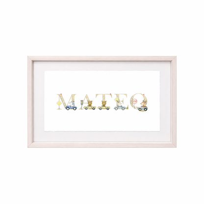 Cuadro con nombres decorados con motivos de tránsito