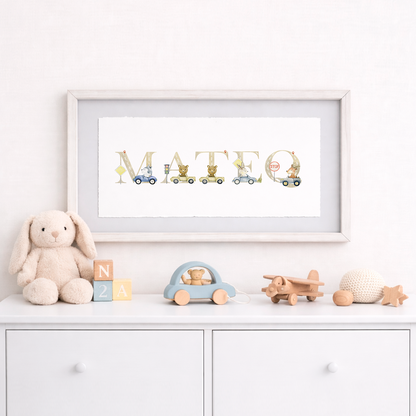 Cuadro con nombres decorados con motivos de tránsito