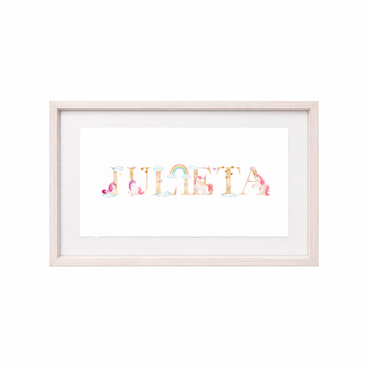 Cuadro con nombres decorados con motivos de unicornios