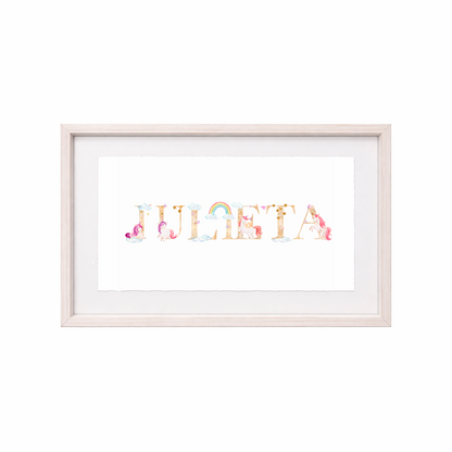 Cuadro con nombres decorados con motivos de unicornios