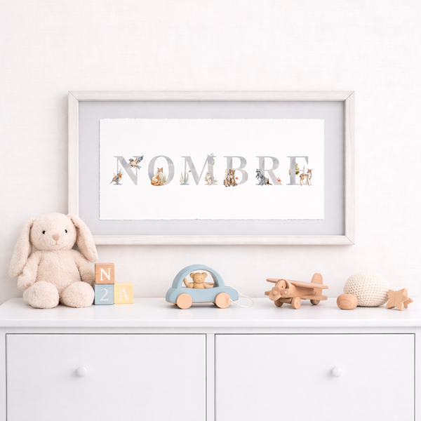 Cuadro con nombres decorados con motivos del bosque (woodlands)