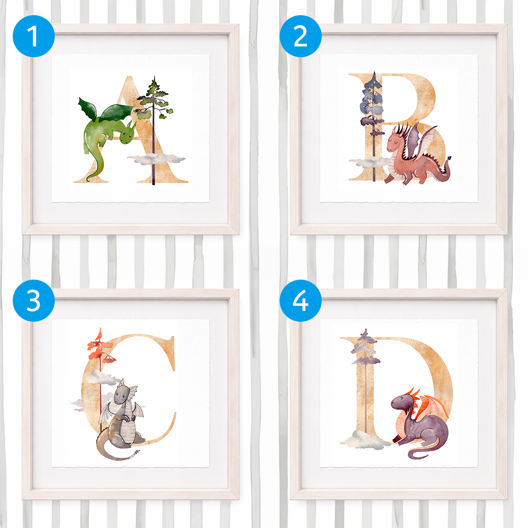 Cuadro con inicial de nombre: Ilustración de dragones
