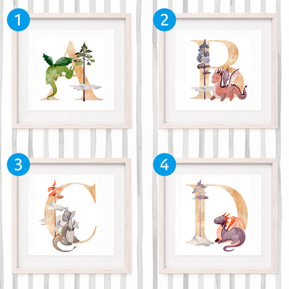 Cuadro con inicial de nombre: Ilustración de dragones