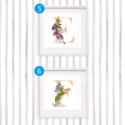 Cuadro con inicial de nombre: Ilustración de dragones