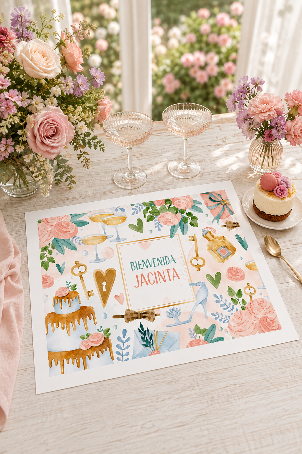 Individuales personalizado con corazones y flores (12u)