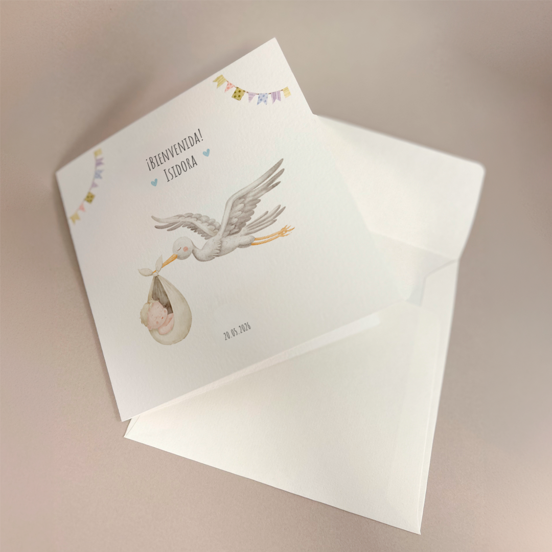 Tarjeta de felicitaciones: Llegó la Cigüeña