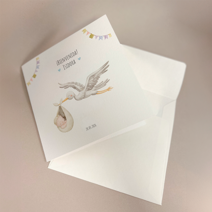Tarjeta de felicitaciones: Llegó la Cigüeña
